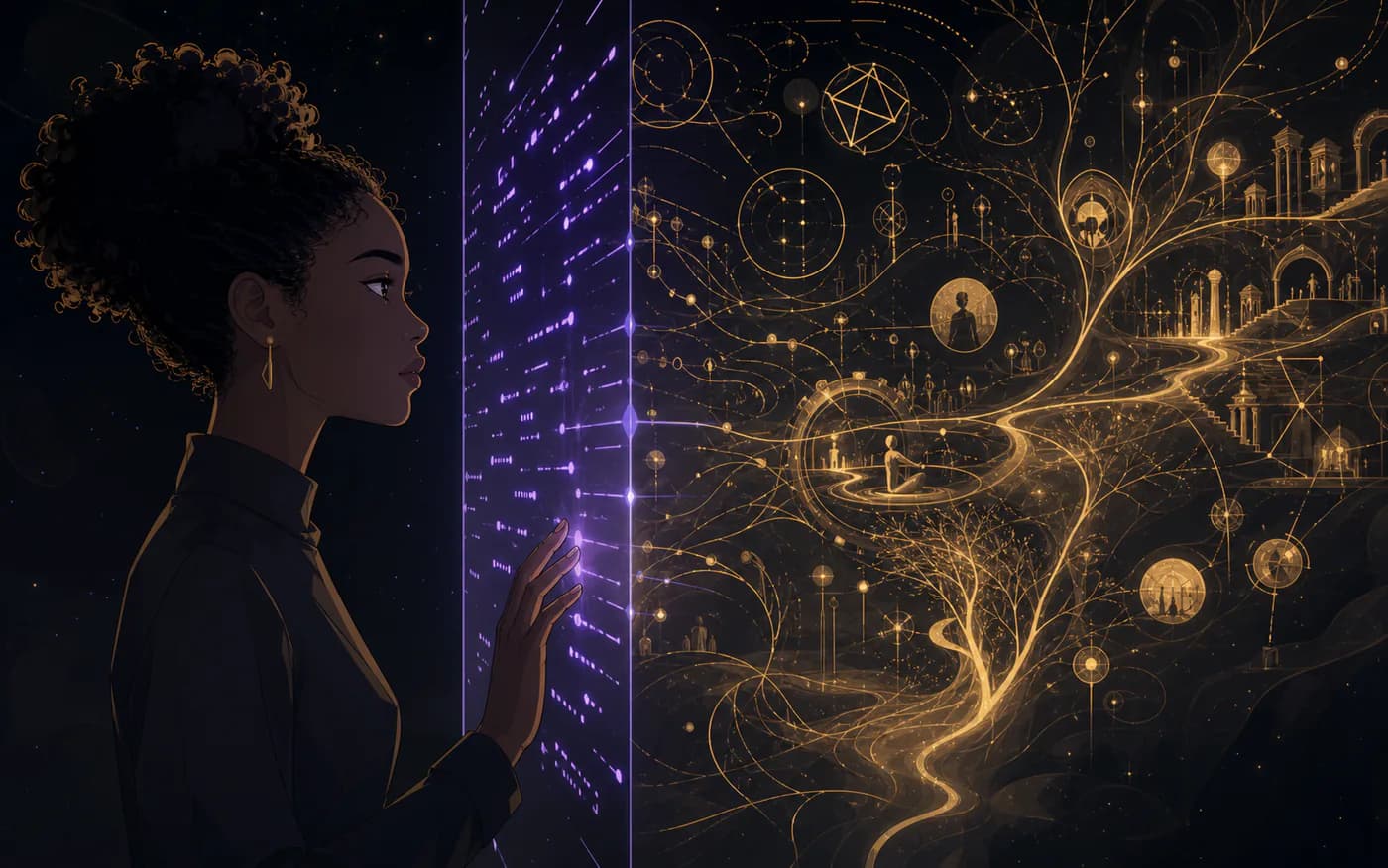 A woman facing a prompt while her deeper symbolic architecture remains unseen