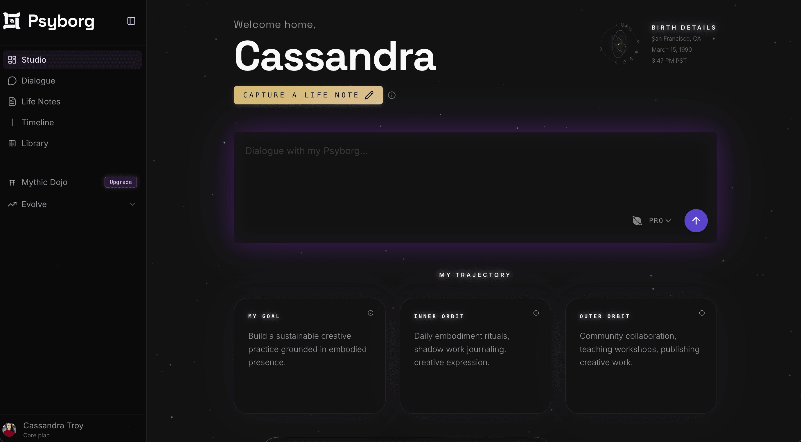 Psyborg Studio personalized dashboard showing birth chart, dialogue, and trajectory insights