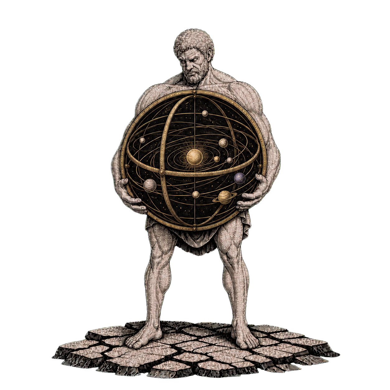 Atlas holding a coherent solar system between his open palms